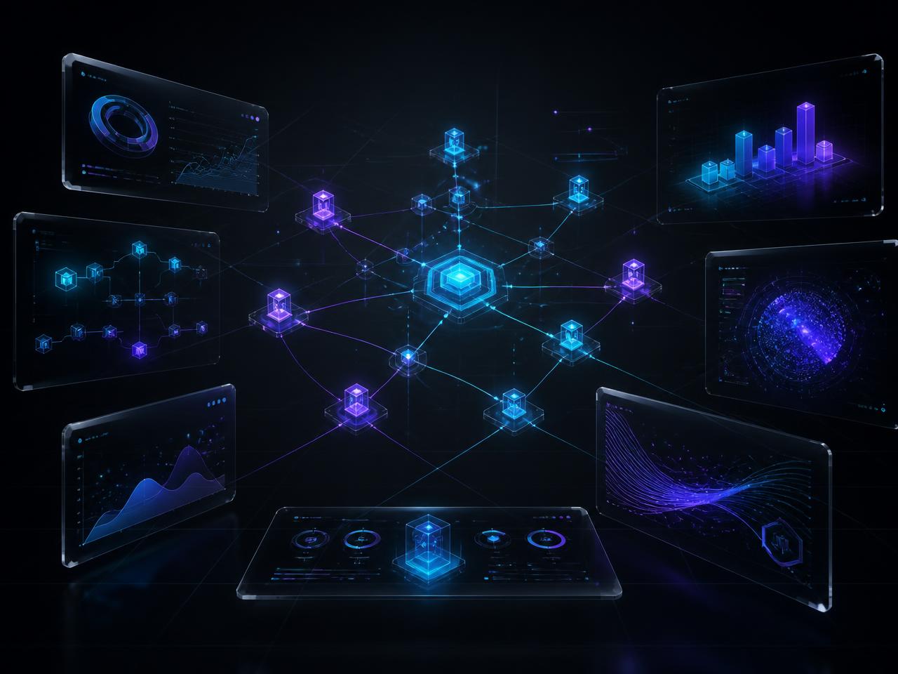 Dark dashboard visualisation of AI automation workflows connecting advertising data to a CRM